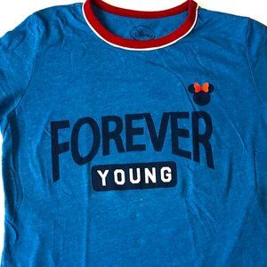 Disney Minnie Mouse Blue Women Girl Shirt Forever Young Short Sleeves Medium